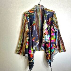 ANU Bohemian Art to Wear Shawl Wool Blend Embroidered Gypsy Open Coat Jacket S/M